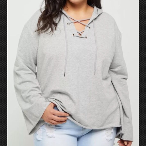 Rue21 Tops - Rue 21 3X Heather Gray Lace Up Bell Sleeve Hoodie